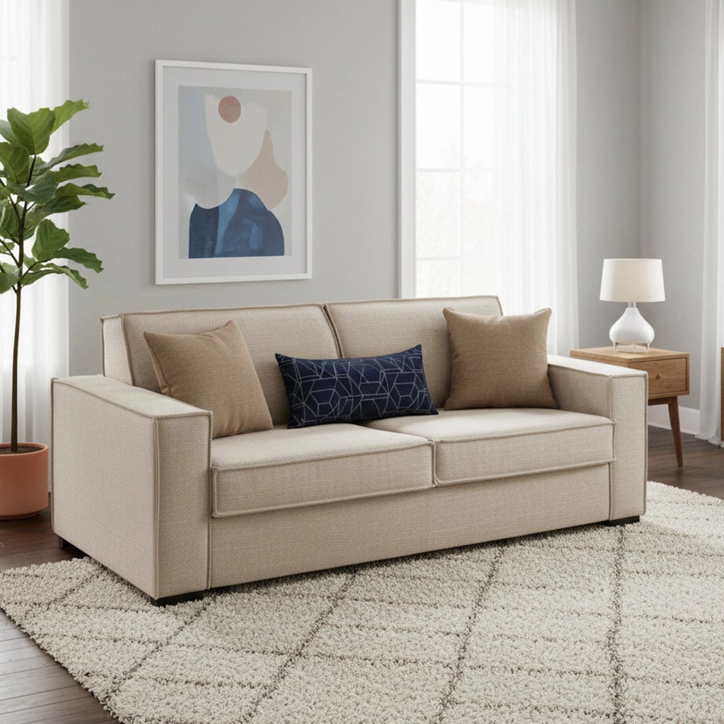 Divano Letto Adalberto, Divano a 3 posti, Made in Italy, Sofà Soggiorno con apertura girevole, in tessuto imbottito, con Braccioli slim, cm 200x95h90, Beige