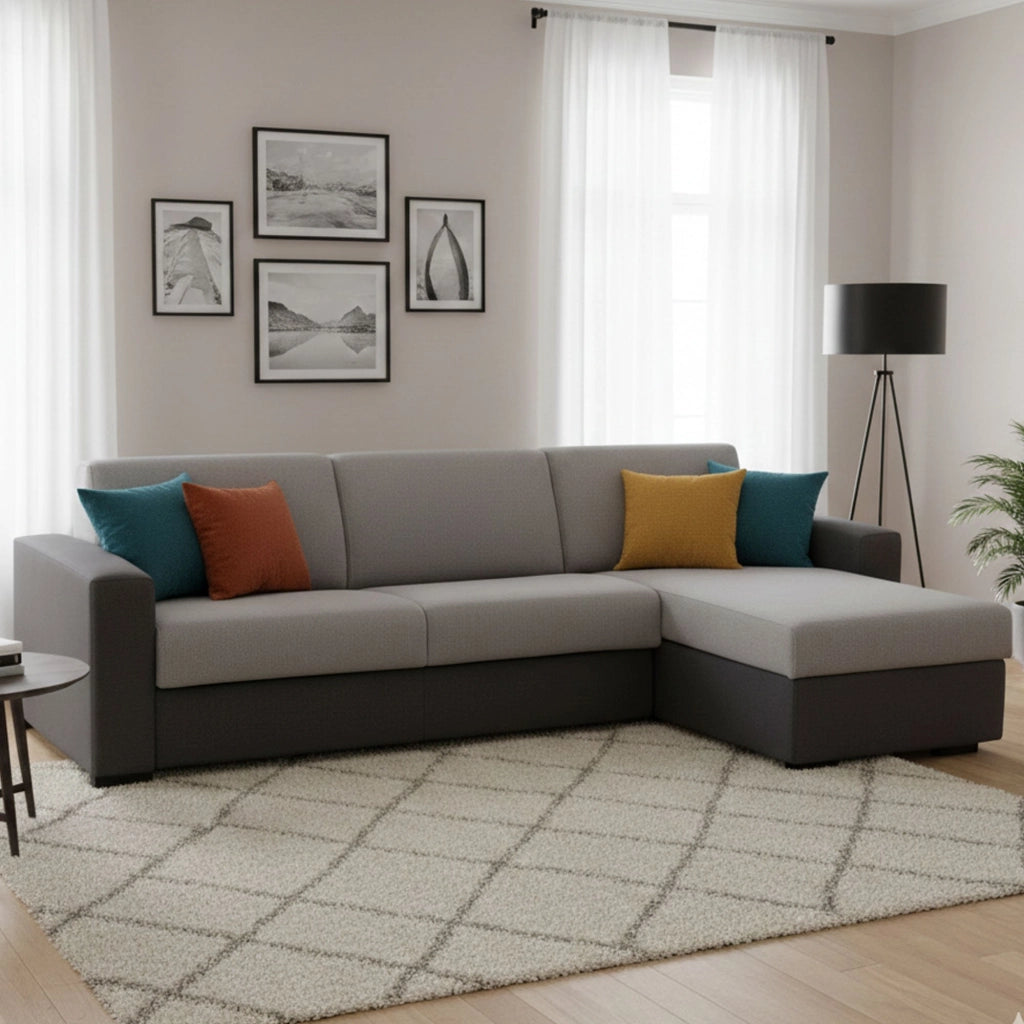 Divano Letto Aika, Divano ad angolo, Made in Italy, Sofà con apertura girevole, con Penisola contenitore reversibile, con Braccioli standard, cm 280x95h90, Grigio e Antracite
