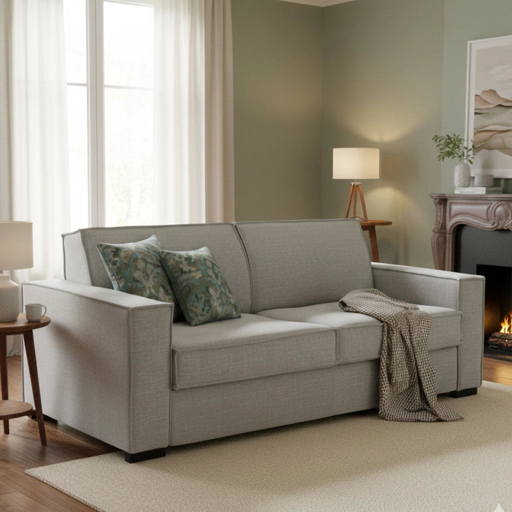 Divano Letto Alano, Divano a 2 posti, Made in Italy, Sofà Soggiorno con apertura girevole, in tessuto imbottito, con Braccioli standard, cm 180x95h90, Grigio