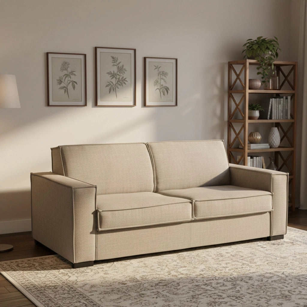 Divano Letto Alano, Divano a 2 posti, Made in Italy, Sofà Soggiorno con apertura girevole, in tessuto imbottito, con Braccioli standard, cm 180x95h90, Tortora