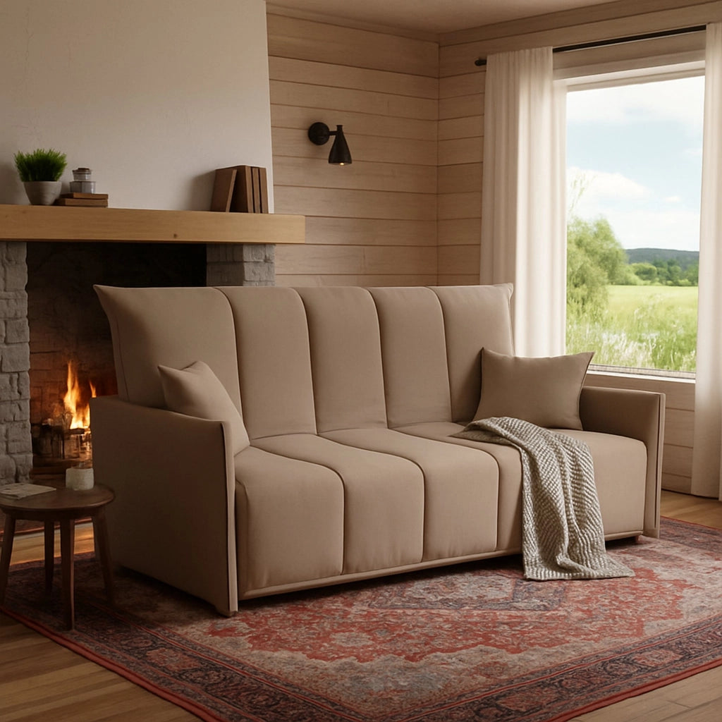 Divano Letto Alaric, Divano a 2 posti, Made in Italy, Sofà Soggiorno con apertura a carrello con apertura a carrello, in tessuto imbottito, con Braccioli standard, cm 150x90h85, colore Tortora