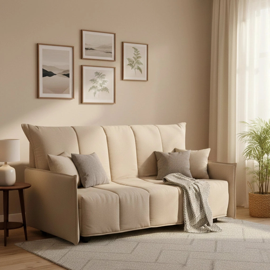 Divano Letto Alaric, Divano a 2 posti, Made in Italy, Sofà Soggiorno con apertura a carrello con apertura a carrello, in tessuto imbottito, con Braccioli standard, cm 150x90h85, colore Beige