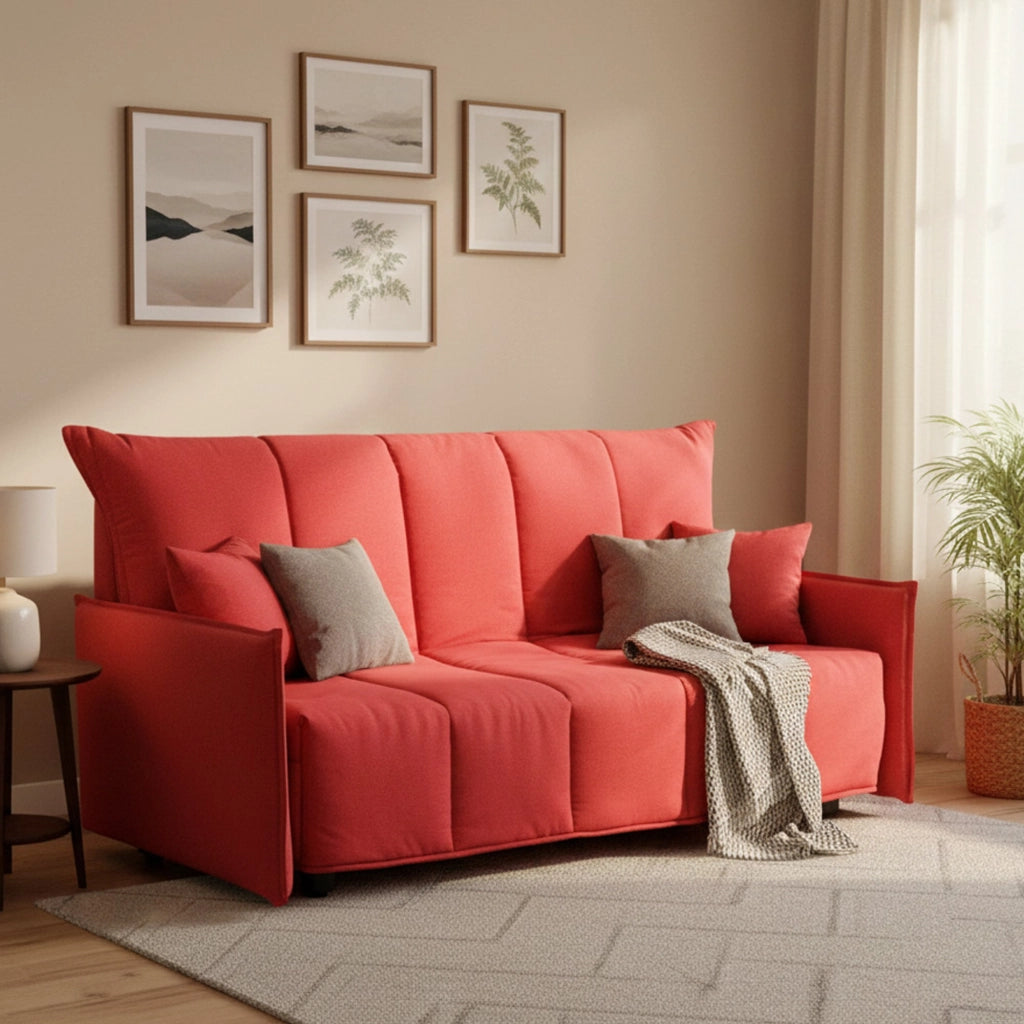 Divano Letto Alaric, Divano a 2 posti, Made in Italy, Sofà Soggiorno con apertura a carrello con apertura a carrello, in tessuto imbottito, con Braccioli standard, cm 150x90h85, colore Rosso