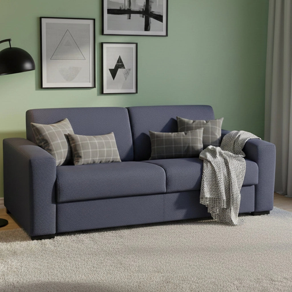 Divano Letto Alcatraz, Divano a 2 posti, Made in Italy, Sofà Soggiorno con apertura girevole, in tessuto imbottito, con Braccioli slim, cm 160x95h90, Blu
