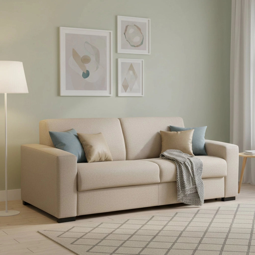 Divano Letto Alcatraz, Divano a 2 posti, Made in Italy, Sofà Soggiorno con apertura girevole, in tessuto imbottito, con Braccioli slim, cm 160x95h90, Beige