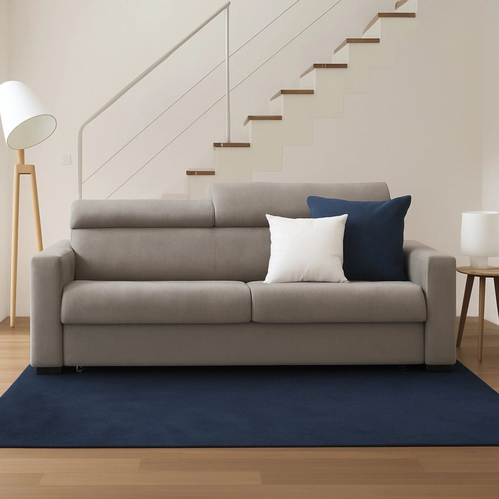 Divano Letto Algo, Divano a 3 posti, Made in Italy, Sofà Soggiorno con apertura girevole, con poggiatesta regolabili e Braccioli slim, cm 200x95h85, Tortora