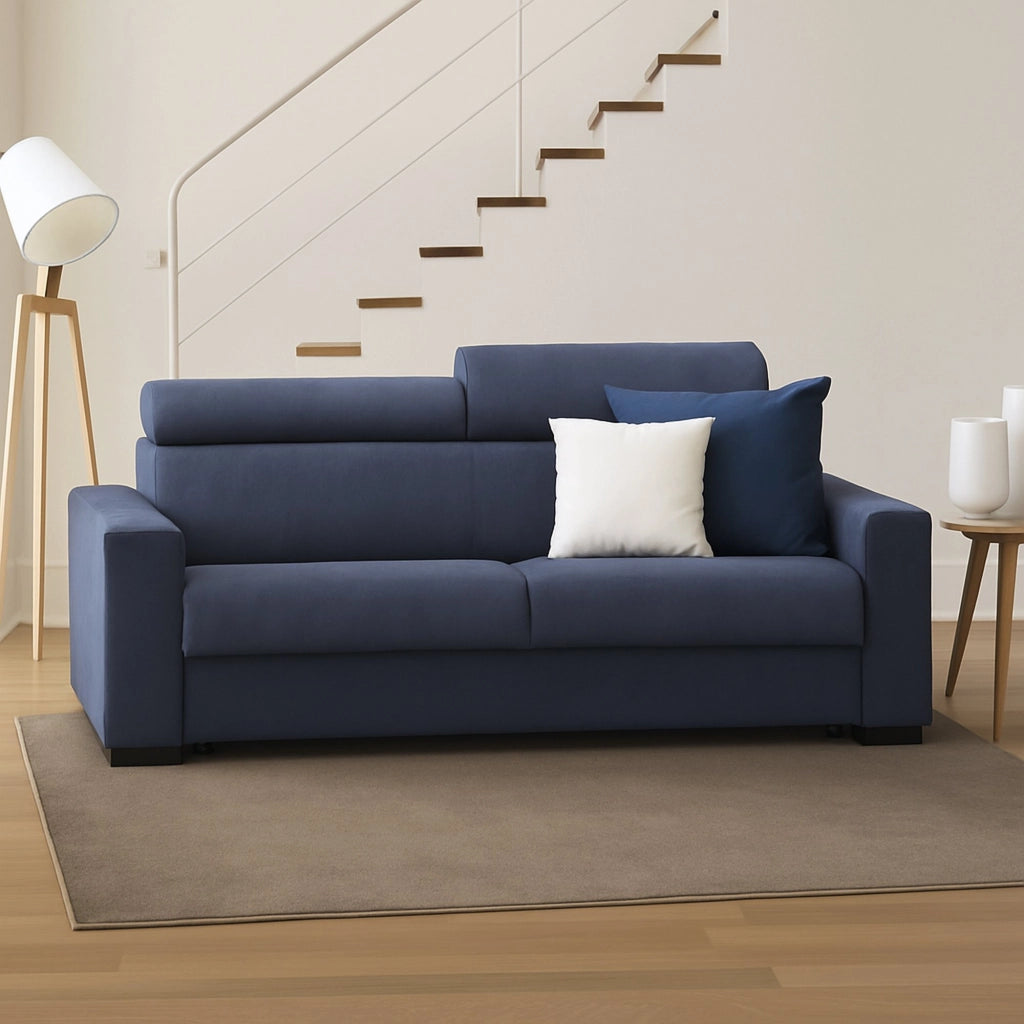 Divano Letto Algo, Divano a 3 posti, Made in Italy, Sofà Soggiorno con apertura girevole, con poggiatesta regolabili e Braccioli slim, cm 200x95h85, Blu