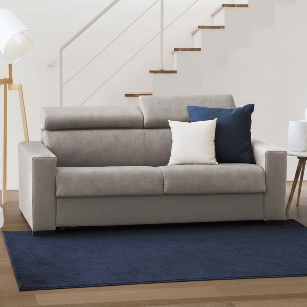 Divano Letto Alinia, Divano a 2 posti, Made in Italy, Sofà Soggiorno con apertura girevole, con poggiatesta regolabili e Braccioli slim, cm 160x95h85, Tortora