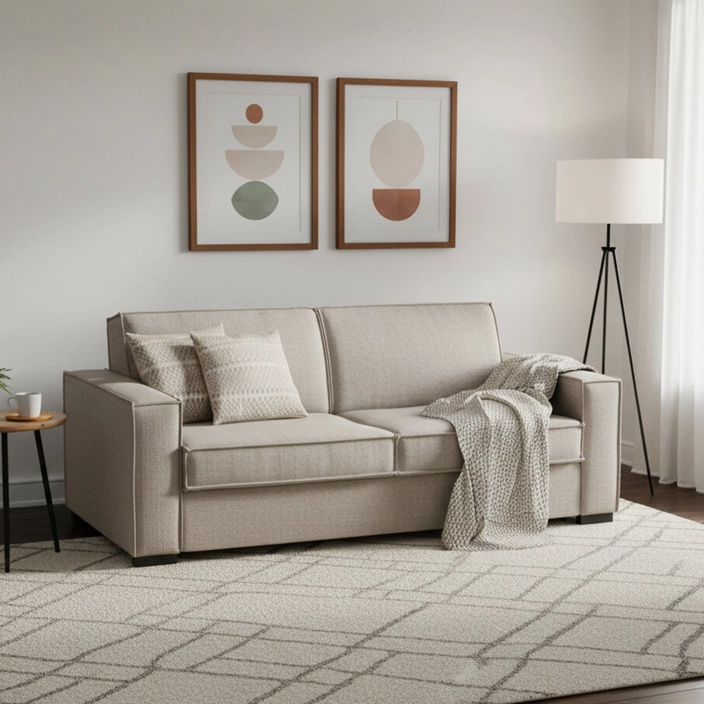 Divano Letto Alisa, Divano a 2 posti Large, Made in Italy, Sofà Soggiorno con apertura girevole, in tessuto imbottito, con Braccioli slim, cm 180x95h90, Tortora