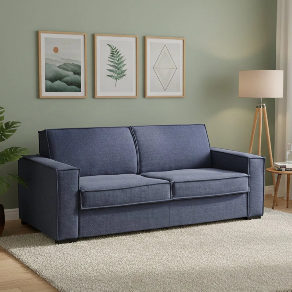 Divano Letto Alisa, Divano a 2 posti Large, Made in Italy, Sofà Soggiorno con apertura girevole, in tessuto imbottito, con Braccioli slim, cm 180x95h90, Blu