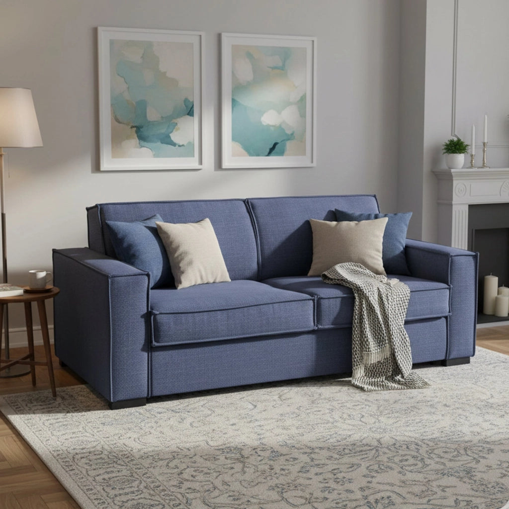 Divano Letto Alk, Divano a 2 posti, 100% Made in Italy, Sofà Soggiorno con apertura girevole, in tessuto imbottito, con Braccioli slim, Cm 160x95h90, Blu