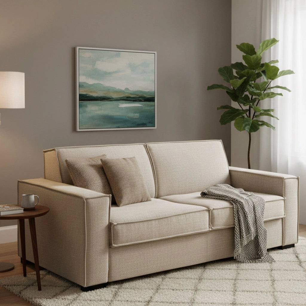Divano Letto Alk, Divano a 2 posti, Made in Italy, Sofà Soggiorno con apertura girevole, in tessuto imbottito, con Braccioli slim, cm 160x95h90, Beige