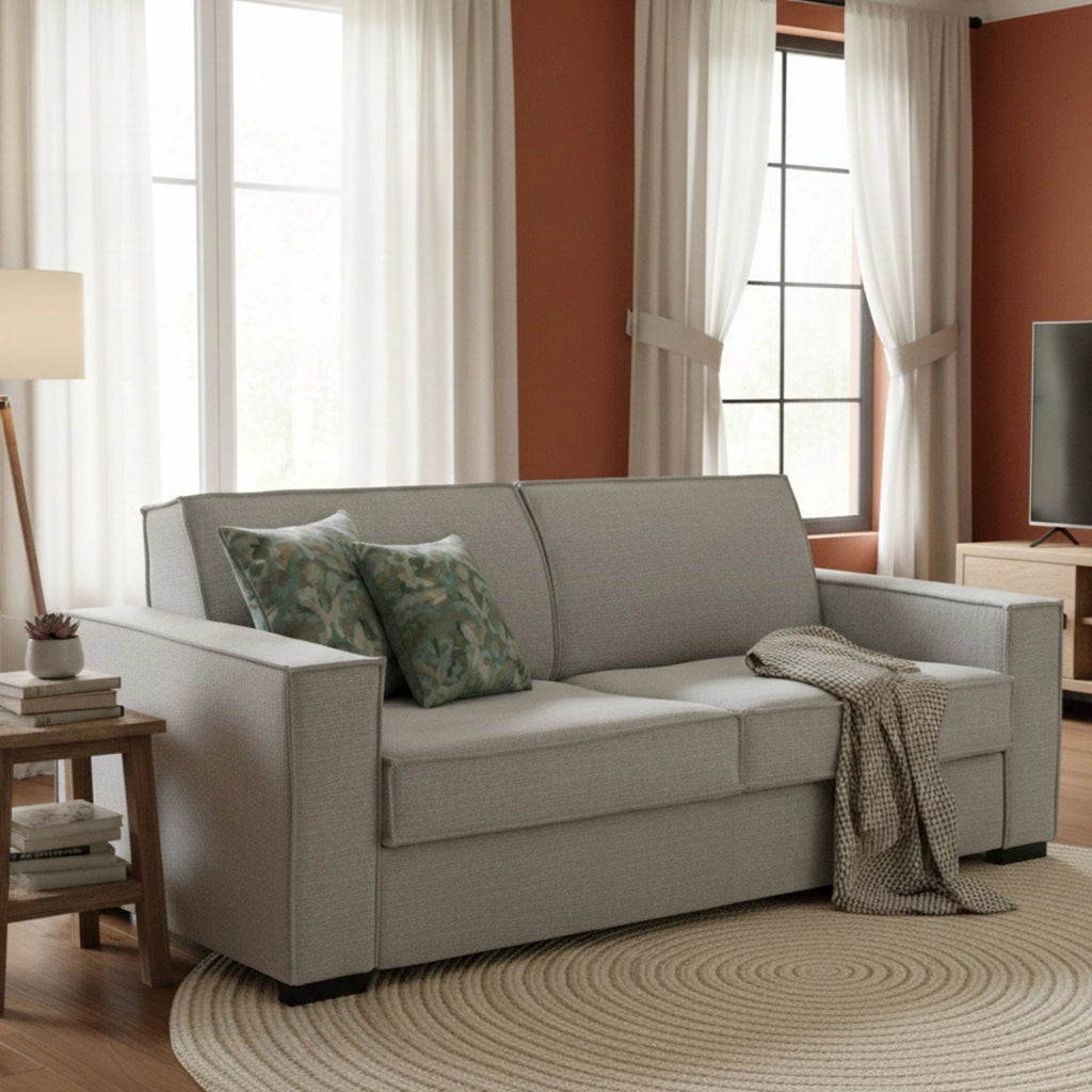 Divano Letto Alk, Divano a 2 posti, Made in Italy, Sofà Soggiorno con apertura girevole, in tessuto imbottito, con Braccioli slim, cm 160x95h90, Grigio