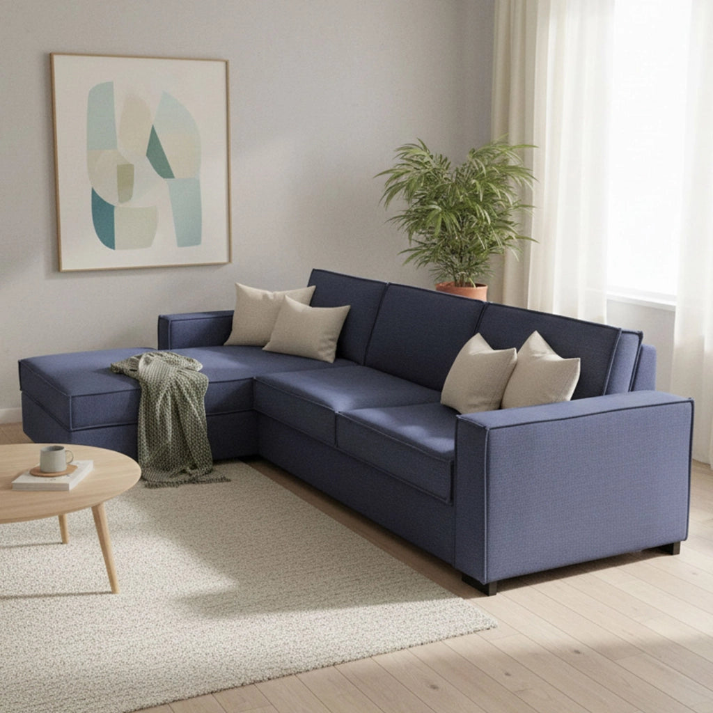 Divano Letto Allaida, Divano ad angolo, Made in Italy, Sofà con apertura girevole, Penisola contenitore Sinistra, con Braccioli standard, cm 280x95h90, Blu