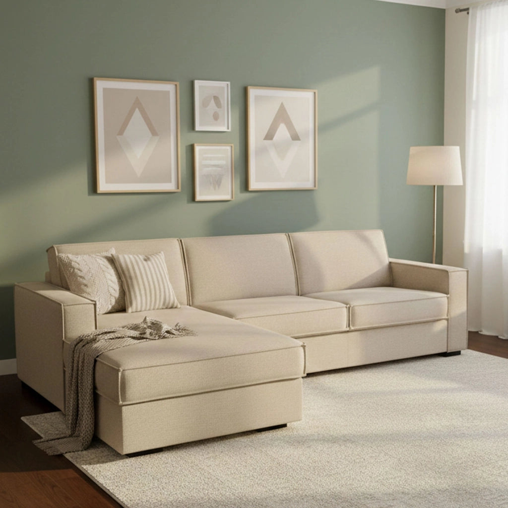 Divano Letto Allaida, Divano ad angolo, Made in Italy, Sofà con apertura girevole, Penisola contenitore Sinistra, con Braccioli standard, cm 280x95h90, Beige