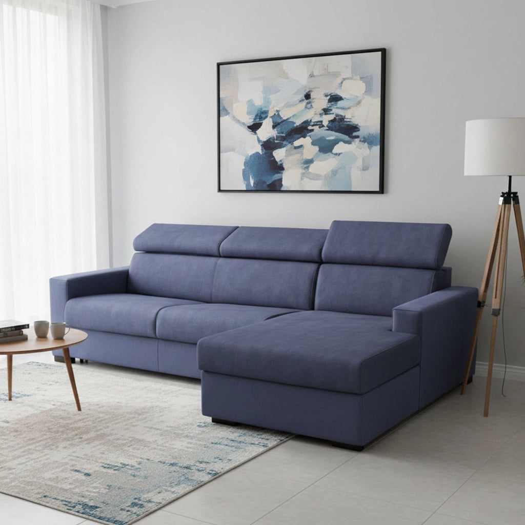 Divano Letto Allevatore, Divano ad angolo, Made in Italy, Sofà con apertura girevole, con Penisola contenitore Destra, con Braccioli standard, cm 280x95h85, Blu