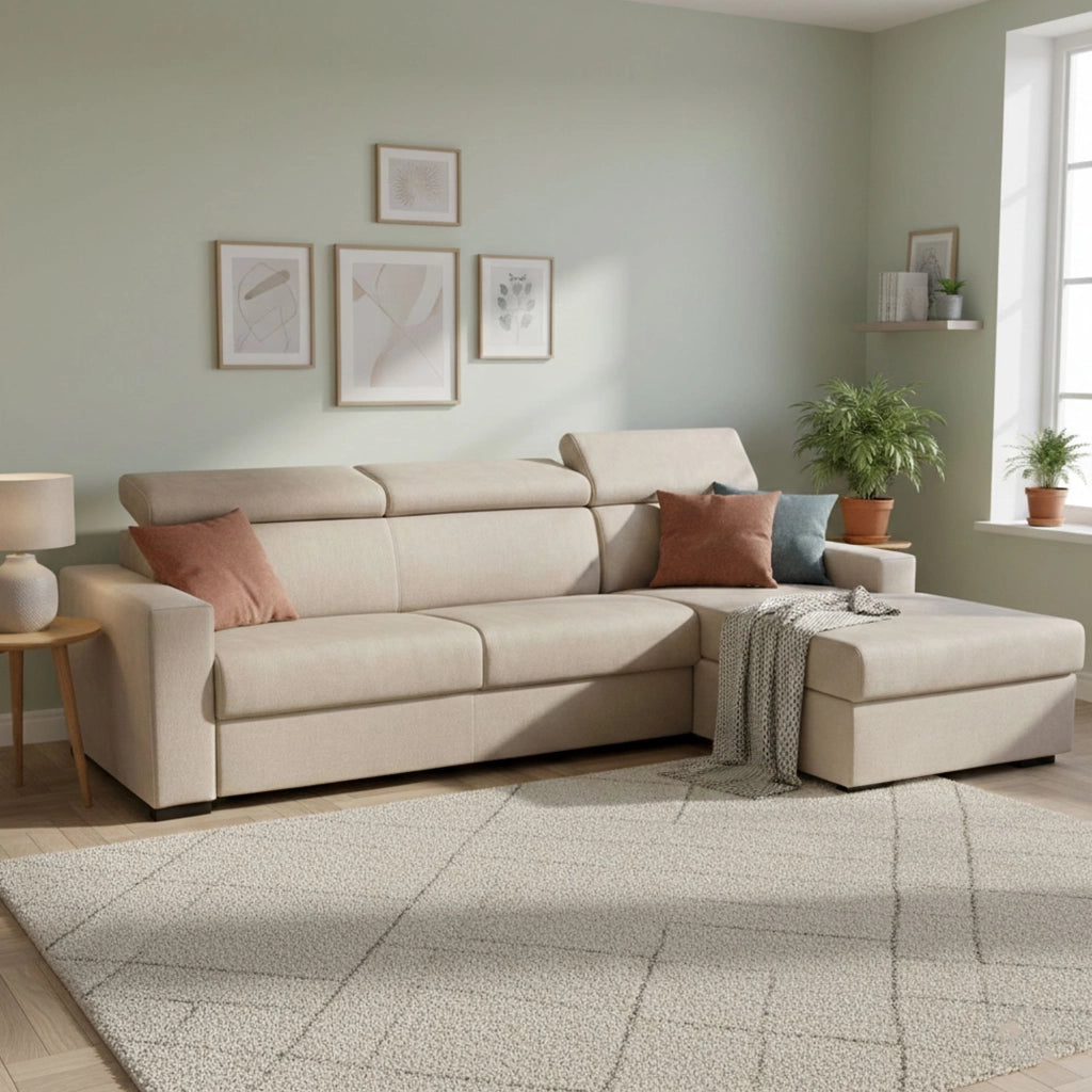 Divano Letto Allevatore, Divano ad angolo, Made in Italy, Sofà con apertura girevole, con Penisola contenitore Destra, con Braccioli standard, cm 280x95h85, Beige