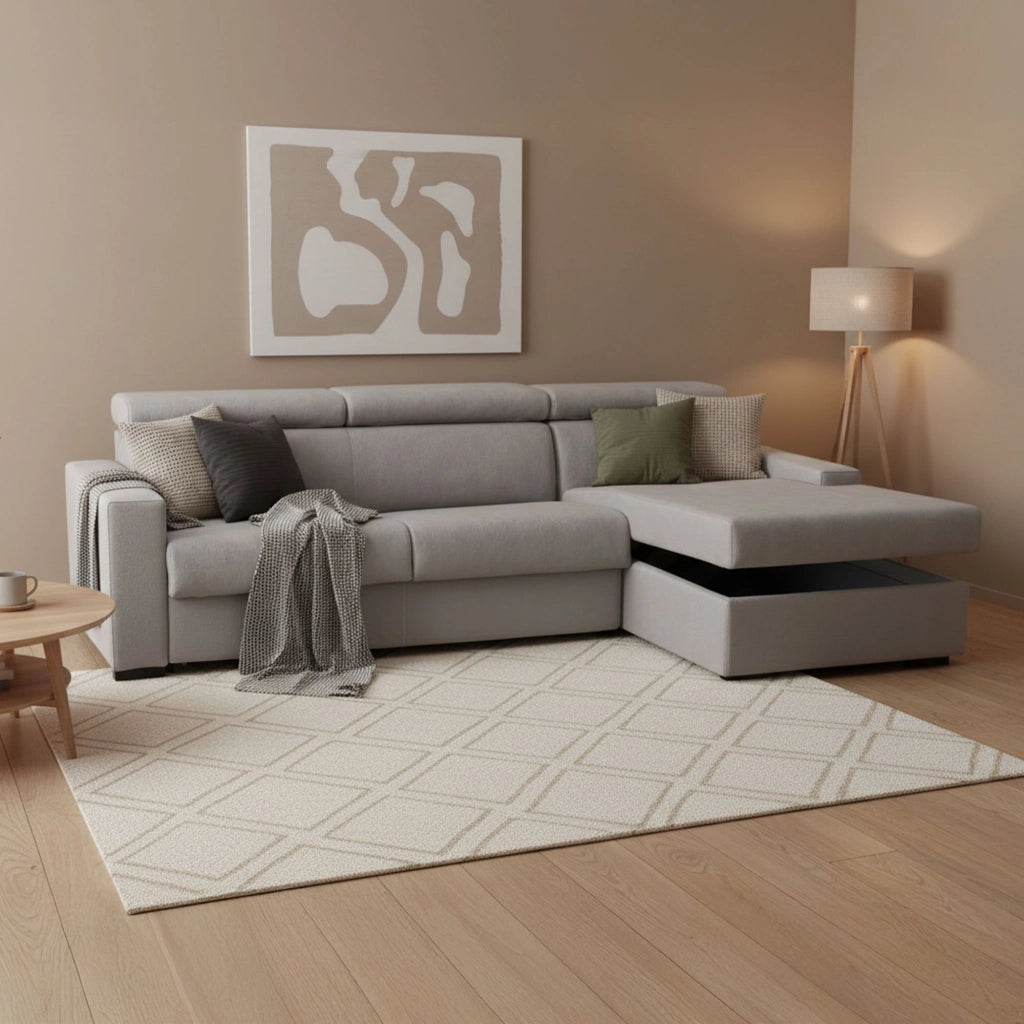 Divano Letto Allevatore, Divano ad angolo, Made in Italy, Sofà con apertura girevole, con Penisola contenitore Destra, con Braccioli standard, cm 280x95h85, Grigio