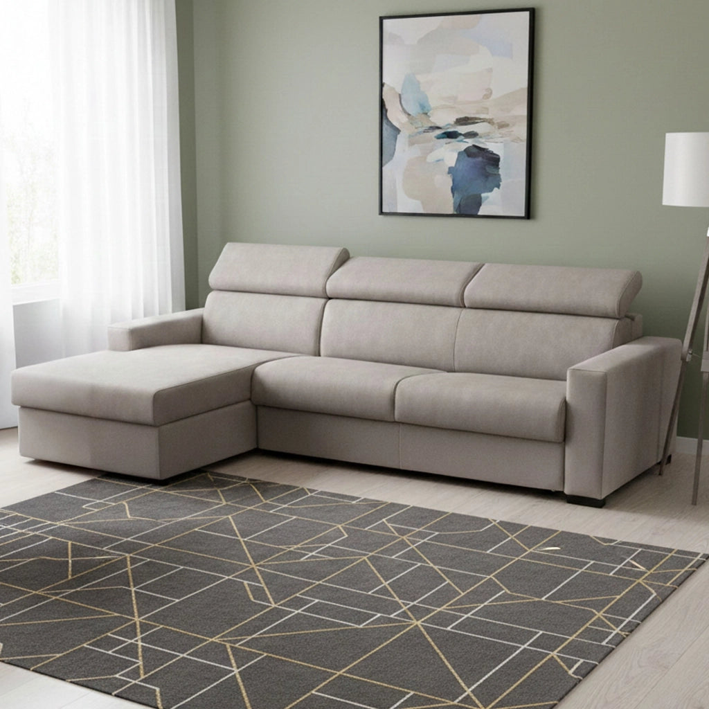 Divano Letto Aloet, Divano ad angolo, Made in Italy, Sofà con apertura girevole, con Penisola contenitore Sinistra, con Braccioli slim, cm 260x95h85, Tortora