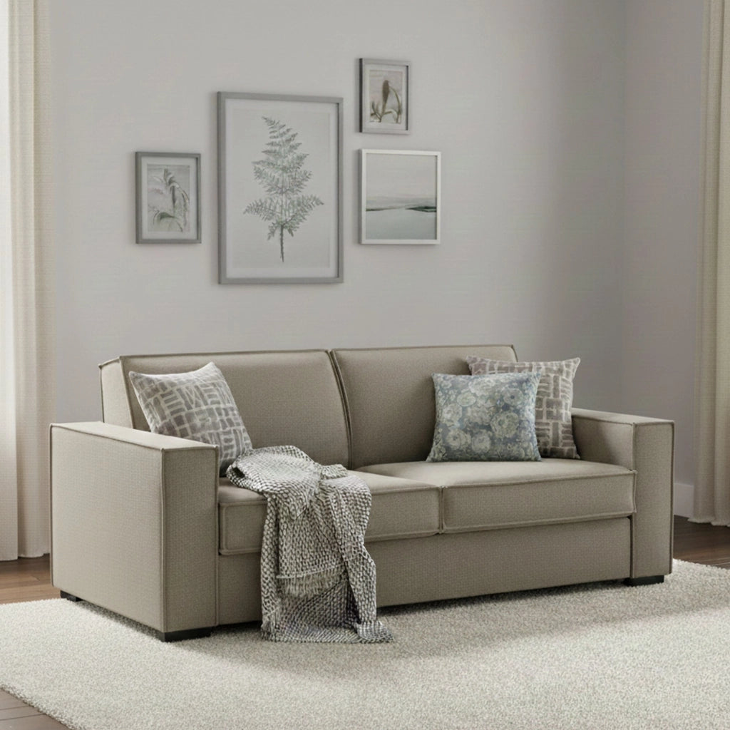 Divano Letto Amapola, Divano a 2 posti Large, Made in Italy, Sofà Soggiorno con apertura girevole, in tessuto imbottito, con Braccioli standard, cm 200x95h90, Tortora