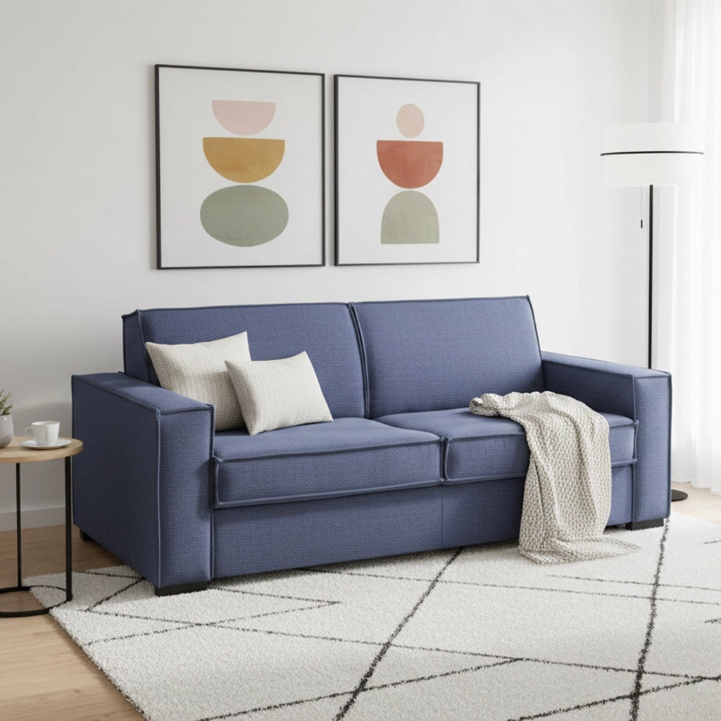 Divano Letto Amapola, Divano a 2 posti Large, Made in Italy, Sofà Soggiorno con apertura girevole, in tessuto imbottito, con Braccioli standard, cm 200x95h90, Blu