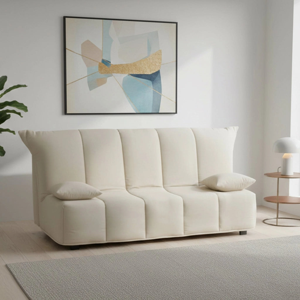 Divano Letto Antal, Divano a 3 posti, Made in Italy, Sofà Soggiorno con apertura a carrello con apertura a carrello, in tessuto imbottito, con cuscini inclusi, cm 165x90h85, colore Beige
