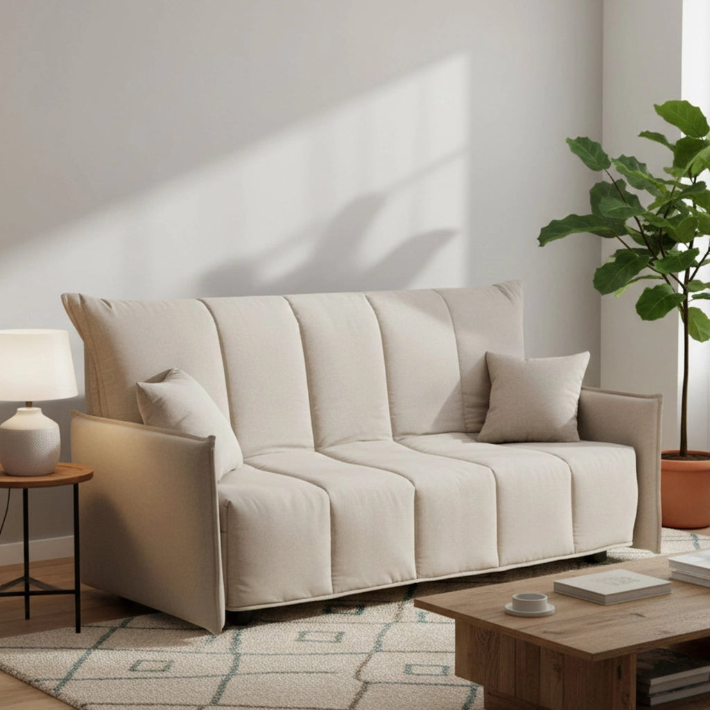 Divano Letto Ardis, Divano a 3 posti, Made in Italy, Sofà Soggiorno con apertura a carrello con apertura a carrello, in tessuto imbottito, con Braccioli standard, cm 190x90h85, colore Beige