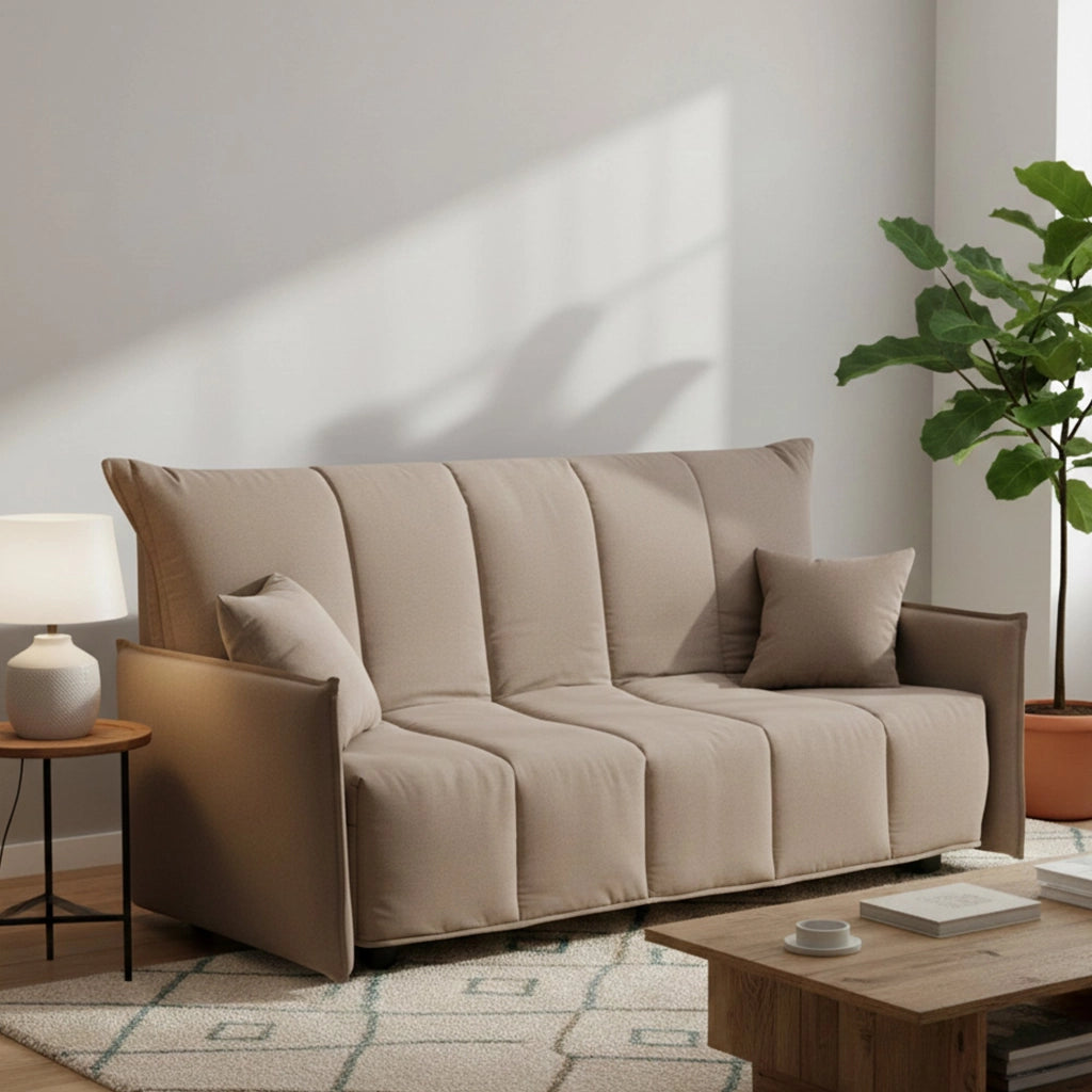 Divano Letto Ardis, Divano a 3 posti, Made in Italy, Sofà Soggiorno con apertura a carrello con apertura a carrello, in tessuto imbottito, con Braccioli standard, cm 190x90h85, colore Tortora