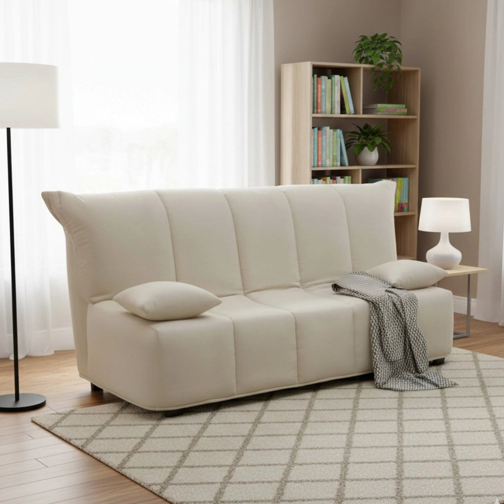 Divano Letto Ariska, Divano a 2 posti, Made in Italy, Sofà Soggiorno con apertura a carrello con apertura a carrello, in tessuto imbottito, con cuscini inclusi, cm 125x90h85, colore Beige