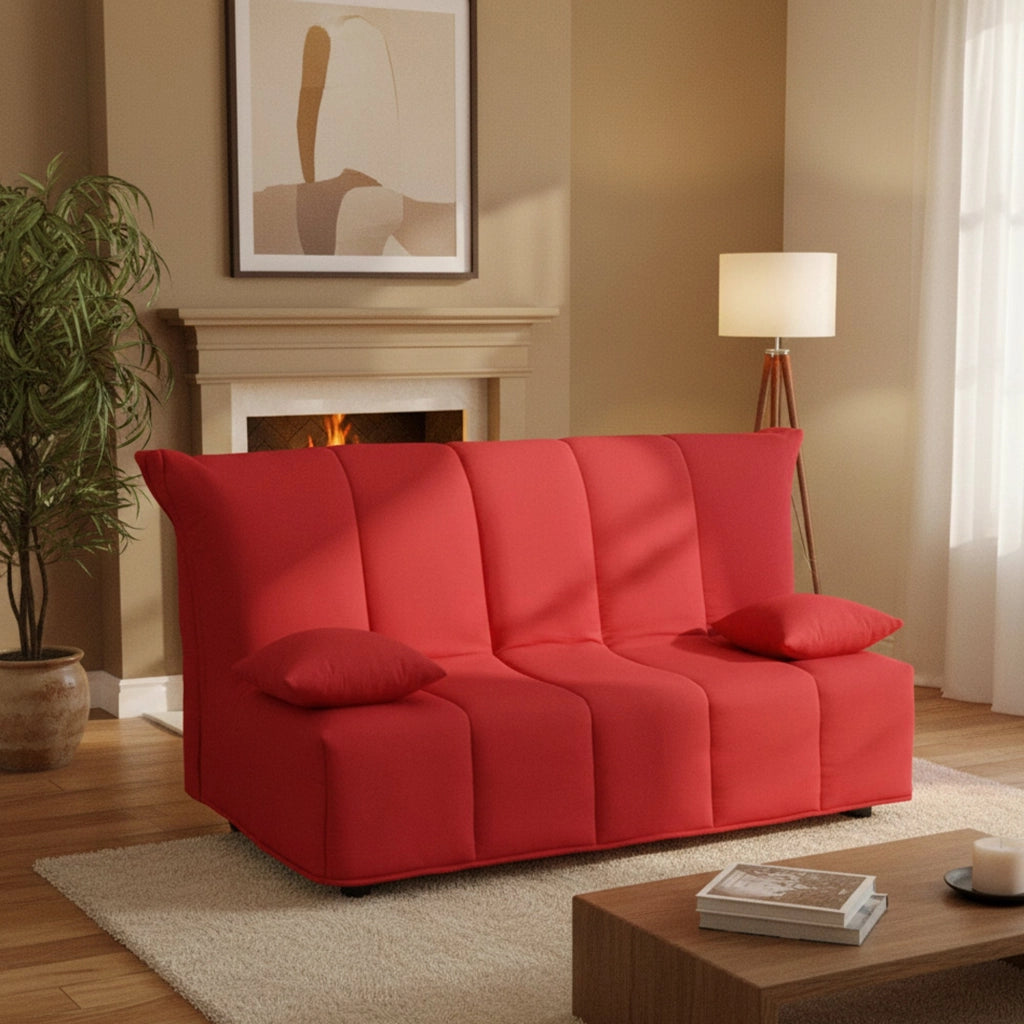 Divano Letto Ariska, Divano a 2 posti, Made in Italy, Sofà Soggiorno con apertura a carrello con apertura a carrello, in tessuto imbottito, con cuscini inclusi, cm 125x90h85, colore Rosso