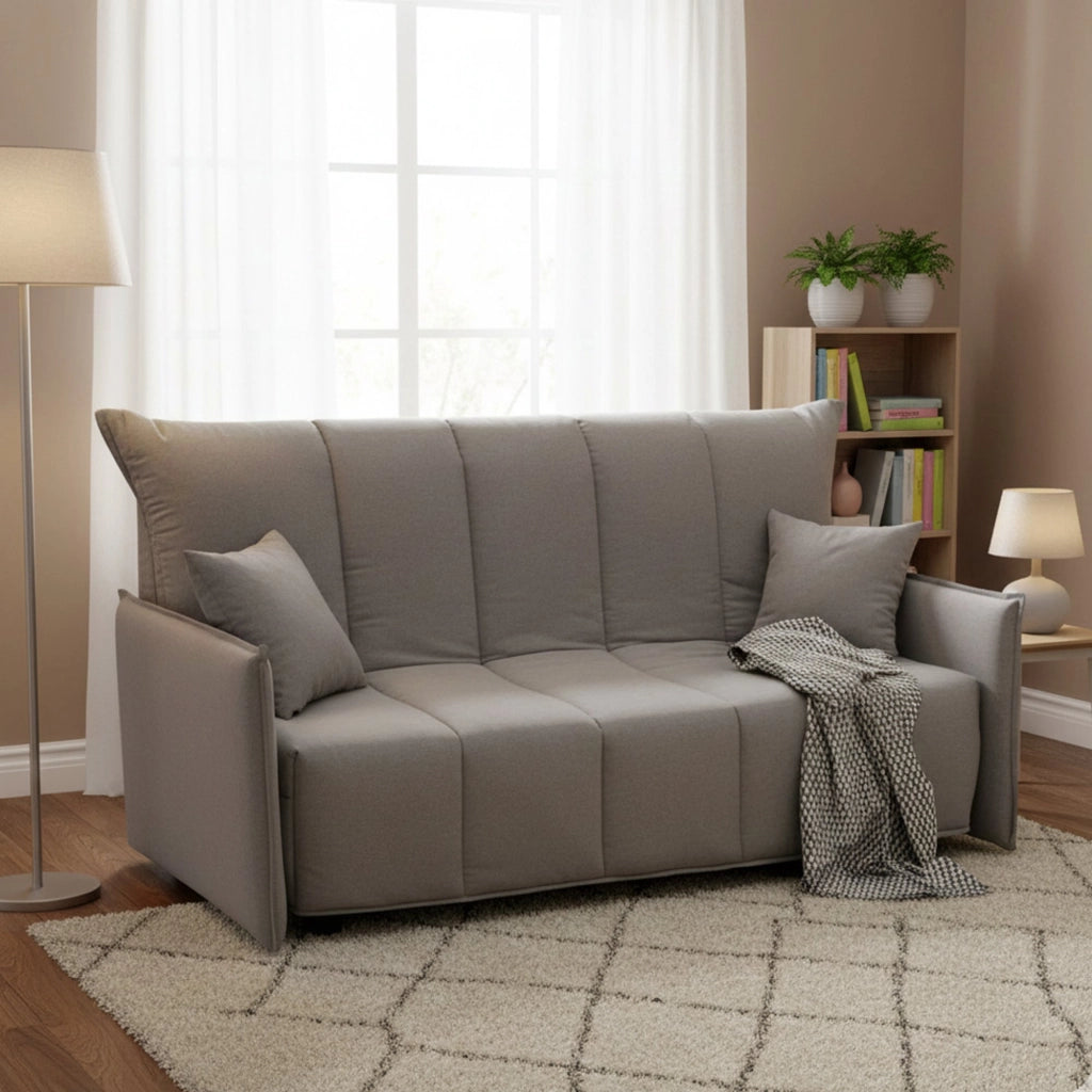 Divano Letto Ariska, Divano a 2 posti, Made in Italy, Sofà Soggiorno con apertura a carrello con apertura a carrello, in tessuto imbottito, con cuscini inclusi, cm 125x90h85, colore Grigio