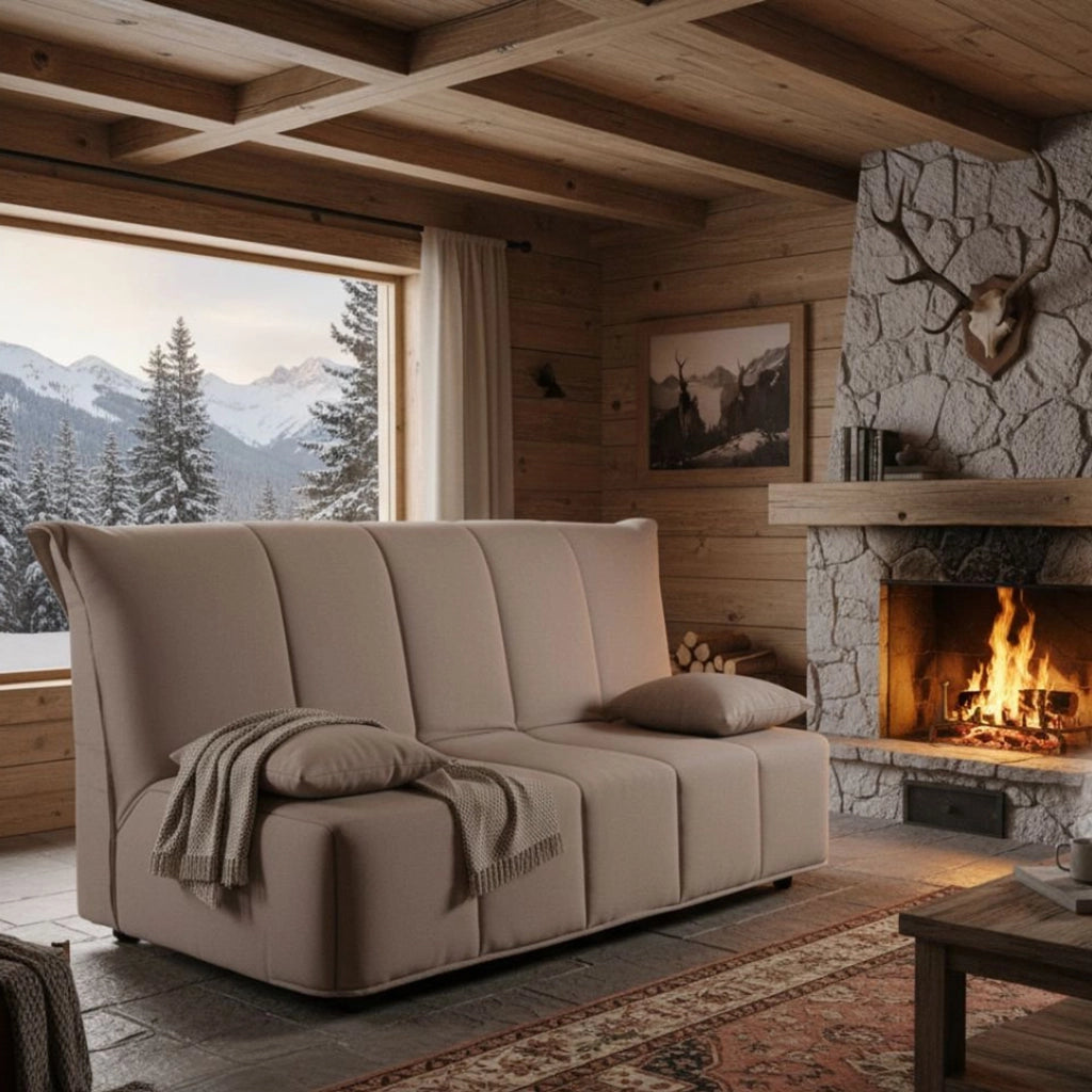 Divano Letto Ariska, Divano a 2 posti, Made in Italy, Sofà Soggiorno con apertura a carrello con apertura a carrello, in tessuto imbottito, con cuscini inclusi, cm 125x90h85, colore Tortora