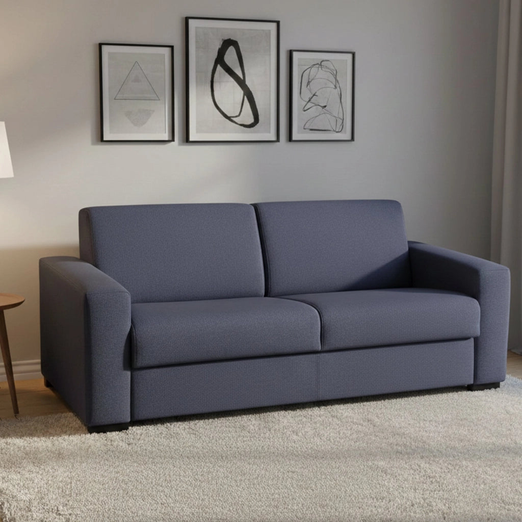 Divano Letto Asimi, Divano a 2 posti, Made in Italy, Sofà Soggiorno con apertura girevole, in tessuto imbottito, con Braccioli standard, cm 180x95h90, Blu