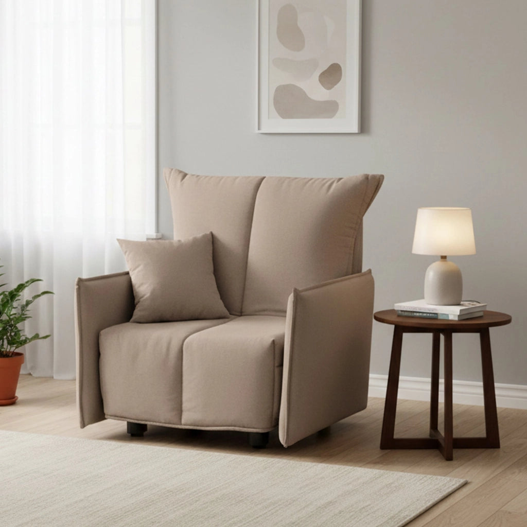 Divano Letto Atlantis, Divano singolo, Made in Italy, Poltrona soggiorno con apertura a carrello, in tessuto imbottito, con Braccioli standard, cm 110x90h85, colore Tortora