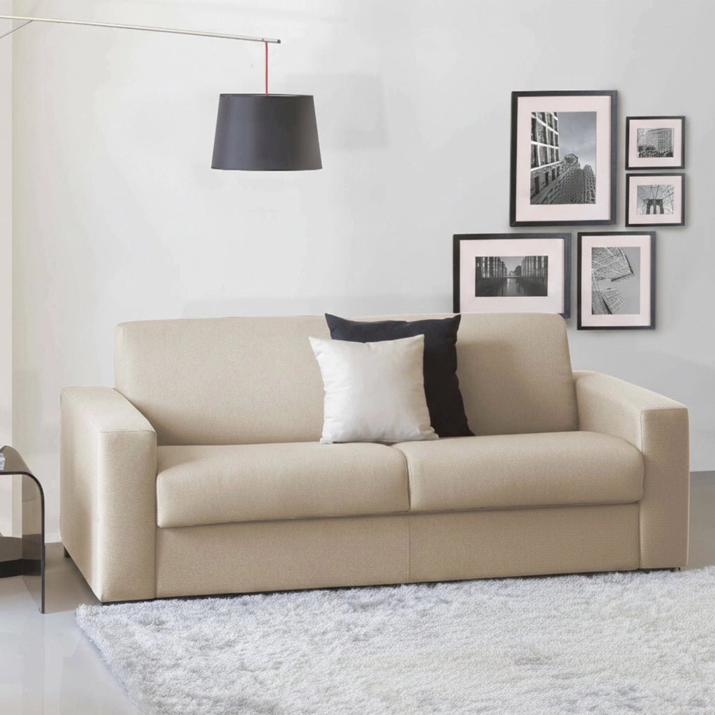 Divano Letto Estia, Divano a 3 posti, Made in Italy, Sofà Soggiorno con apertura girevole, in tessuto imbottito, con Braccioli standard, cm 220x95h90, Beige