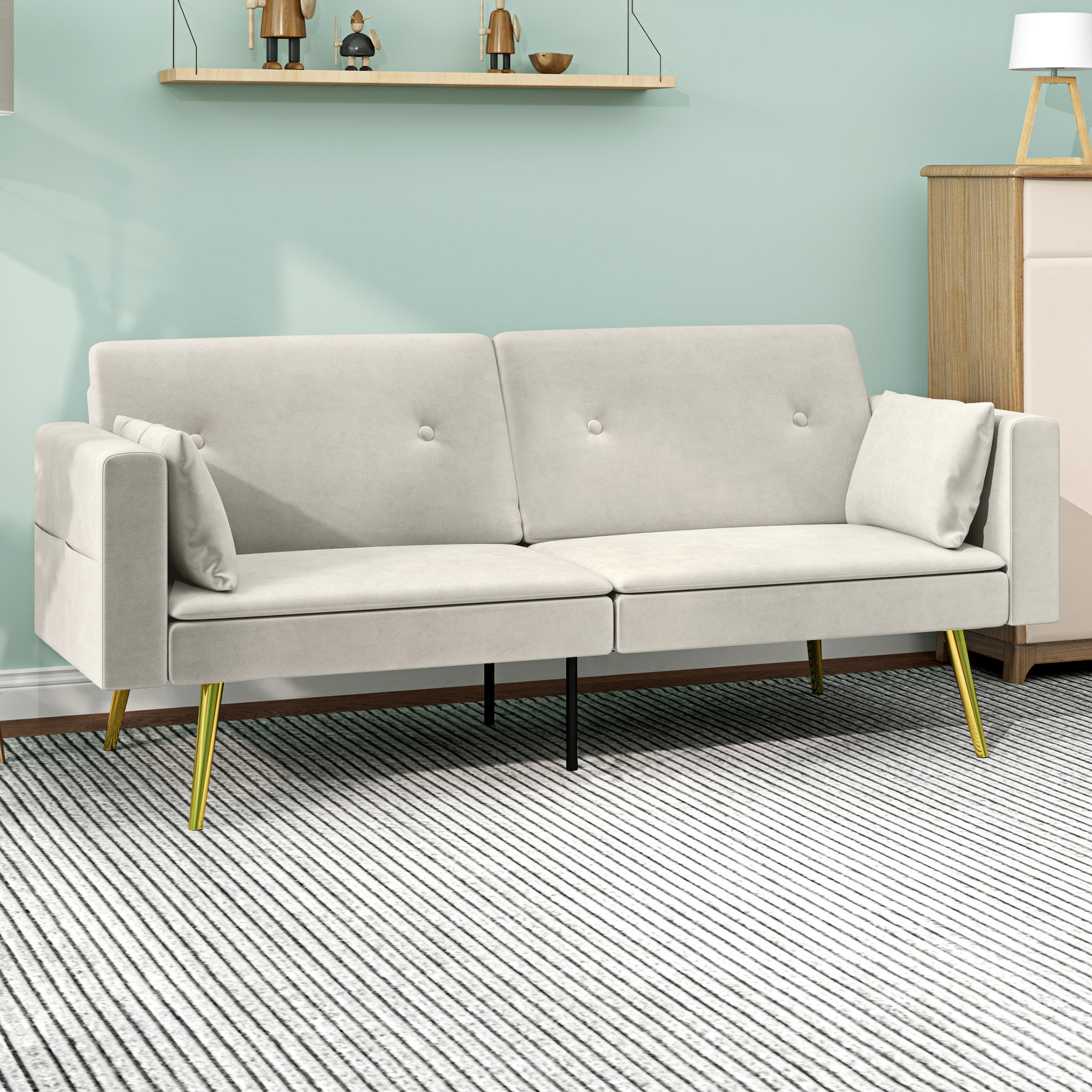 Divano Letto HOMCOM con Schienale Regolabile, Tasca Laterale, Divano Imbottito Serie 2 con Unità Letto e Cuscini per Soggiorno e Camera da Letto, Beige