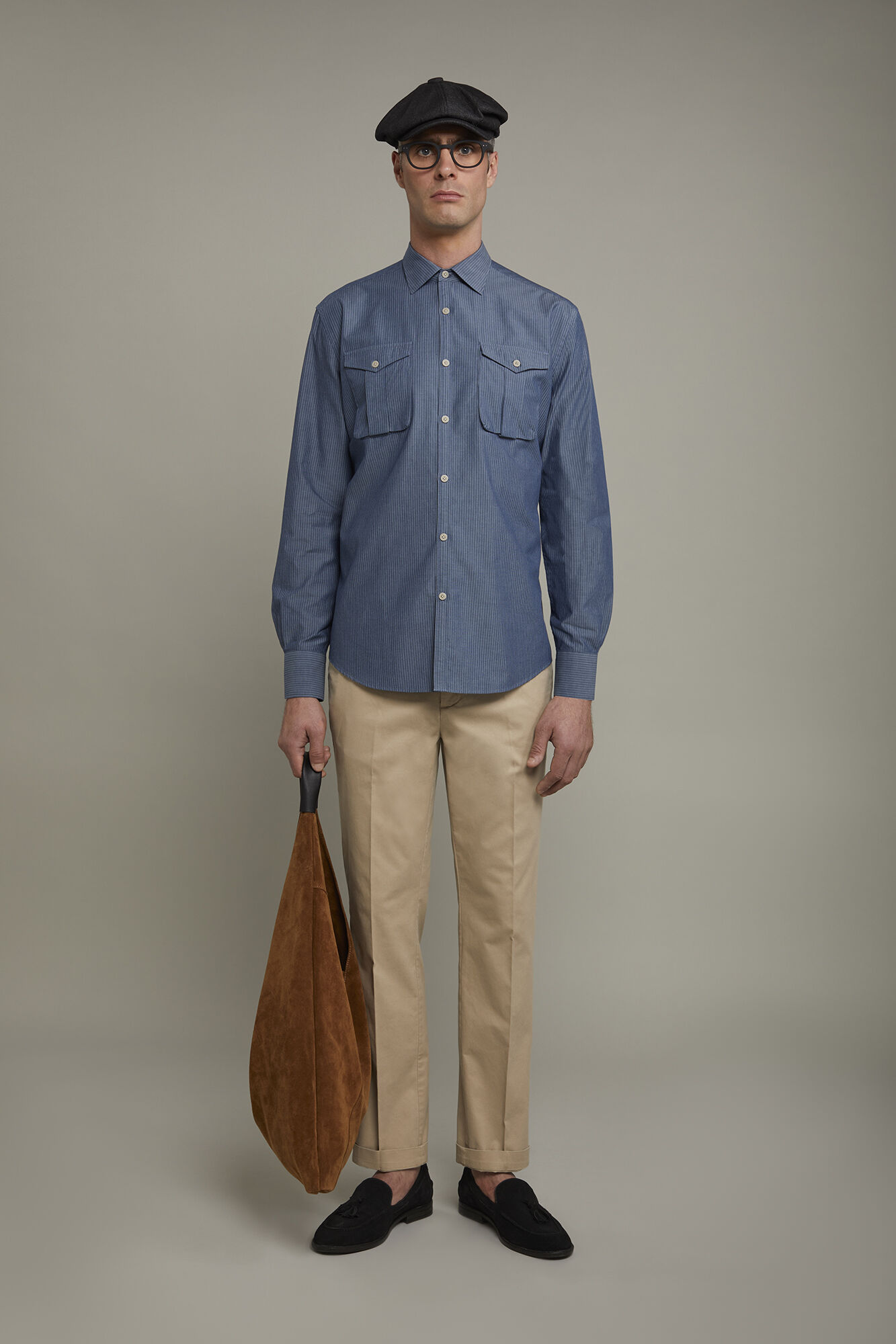 Doppelganger - Camicia casual uomo collo classico 100% cotone tessuto gessato in denim comfort fit