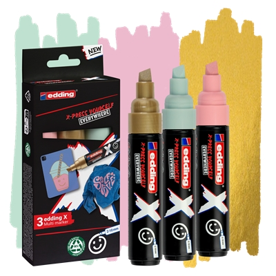 Edding X 6900 Pastel Confezione da 3 pennarelli permanenti multisuperficie con inchiostro coprente - Punta a scalpello con tratto da 2 a 10 mm - Oro Verde menta e Rosa pastello Edding X 6900 Pastel Confezione da 3 pennarelli permanenti multisuperficie con inchiostro coprente - Punta a scalpello con tratto da 2 a 10 mm - Oro Verde menta e Rosa pastello