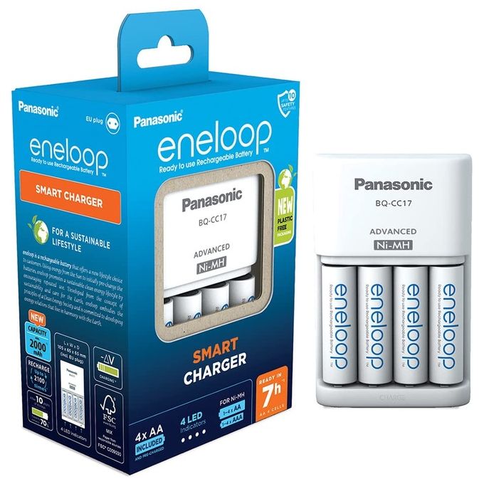 Eneloop BQ-CC17 Caricabatterie Smart per Batterie AA AAA NiMH Include 4 Batterie AA 2000 mAh Ricarica 7 Ore colore Nero Eneloop BQ-CC17 Caricabatterie Smart per Batterie AA AAA NiMH Include 4 Batterie AA 2000 mAh Ricarica 7 Ore colore Nero
