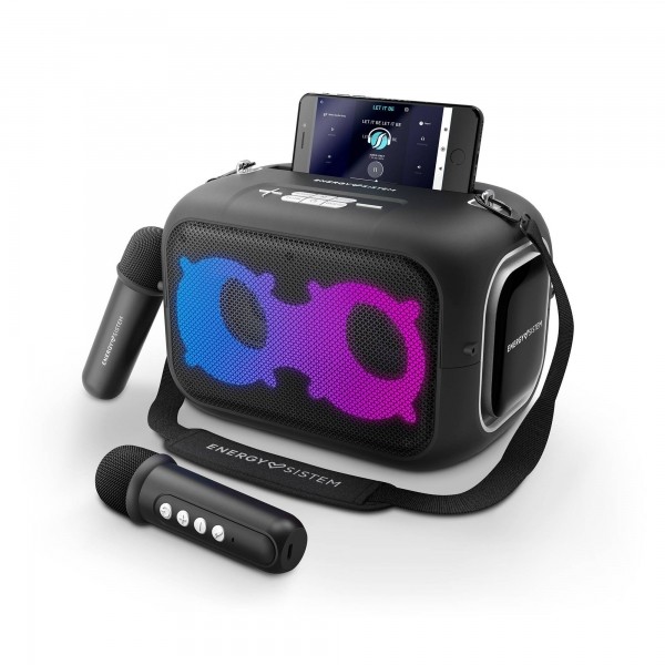 Energy Sistem Karaoke Speaker - Bluetooth 5.4 - True Wireless - 60W - IPX4 - Durata della batteria 8h - Luci LED - 2 microfoni wireless - Lettore MP3 - Nero