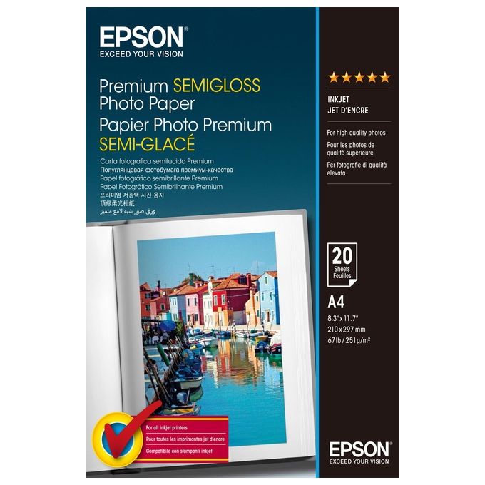 Epson C13S041332 Premium Carta Fotografica Semilucida A4 20 Fogli 251 g-m² 265 micrometri Inkjet colore Bianco