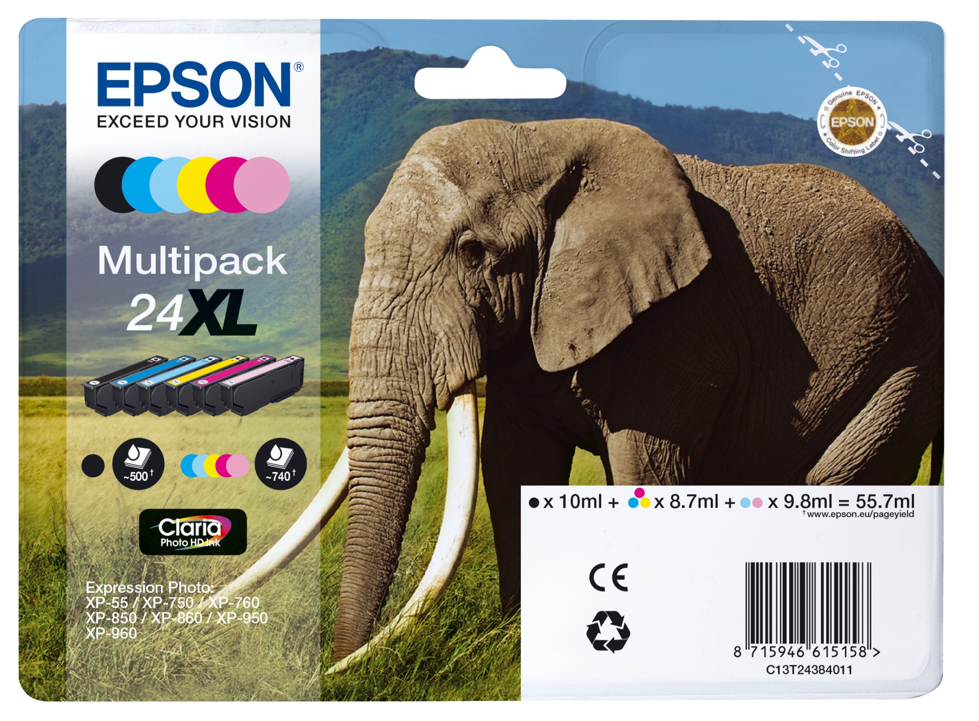 Epson Elephant Multipack 6 colori 24XL Inchiostri Claria Photo HD