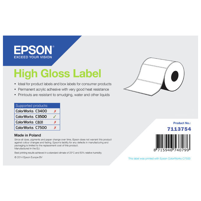 Epson Etichetta Lucida Autoadesiva 7113754 102 mm x 76 mm Rotolo da 415 Etichette Epson Etichetta Lucida Autoadesiva 7113754 102 mm x 76 mm Rotolo da 415 Etichette