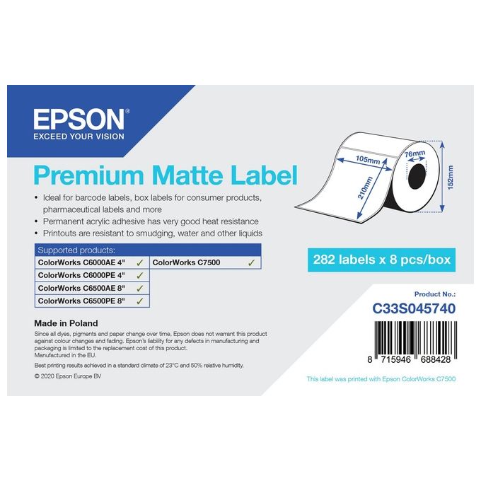 Epson Premium Matte Label Die-Cut Roll 105mmx210mm 282 Labels Epson Premium Matte Label Die-Cut Roll 105mmx210mm 282 Labels
