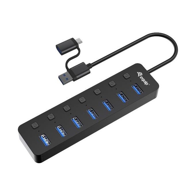 EQUIP 128965 Hub USB 3.2 Gen 1 a 7 porte con alimentatore USB-C 5 Gbps interruttori LED colore Nero EQUIP 128965 Hub USB 3.2 Gen 1 a 7 porte con alimentatore USB-C 5 Gbps interruttori LED colore Nero