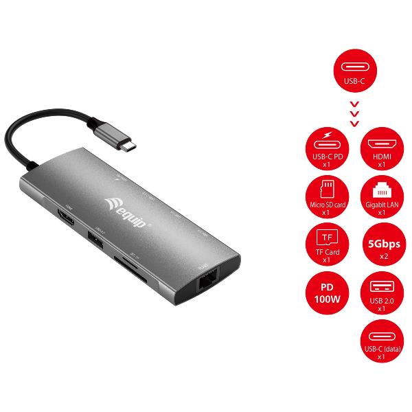 Equip 133490 Adattatore multifunzione USB-C 9 in 1 HDMI 4K-60Hz LAN Gigabit USB 3.2 Gen 1 SD TF USB PD 100W colore Grigio