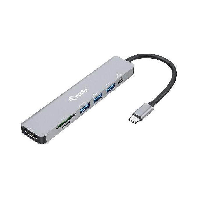 Equip 133494 Adattatore Multifunzione USB-C 7 in 1 HDMI 4K-60Hz 3x USB 3.2 Gen1 Lettore SD-Micro SD USB PD 100W colore Grigio