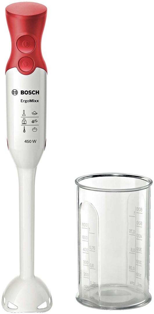 Ergomixx Msm64010 - Frullatore A Mano, 450 W, Velocità Turbo, Cupola A Quattro Lame Con Ciotola Di Miscelazione, Rosso E Bianco - Bosch
