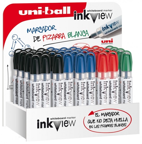Espositore per pennarelli per lavagna Uni-ball Inkview PWB-202 - Confezione da 36 - Punta conica da 18-22 mm - Zona di livello dell'inchiostro trasparente - Scrittura brillante e facile da cancellare - Colori assortiti