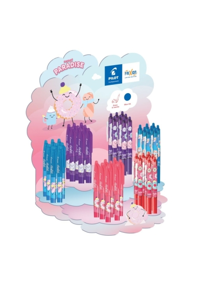 Espositore Pilot Sweet Paradise con 24 penne a sfera Frixion + 24 penne a scatto Frixion - Cancellabili - Ricaricabili - Inchiostro blu - Colori assortiti